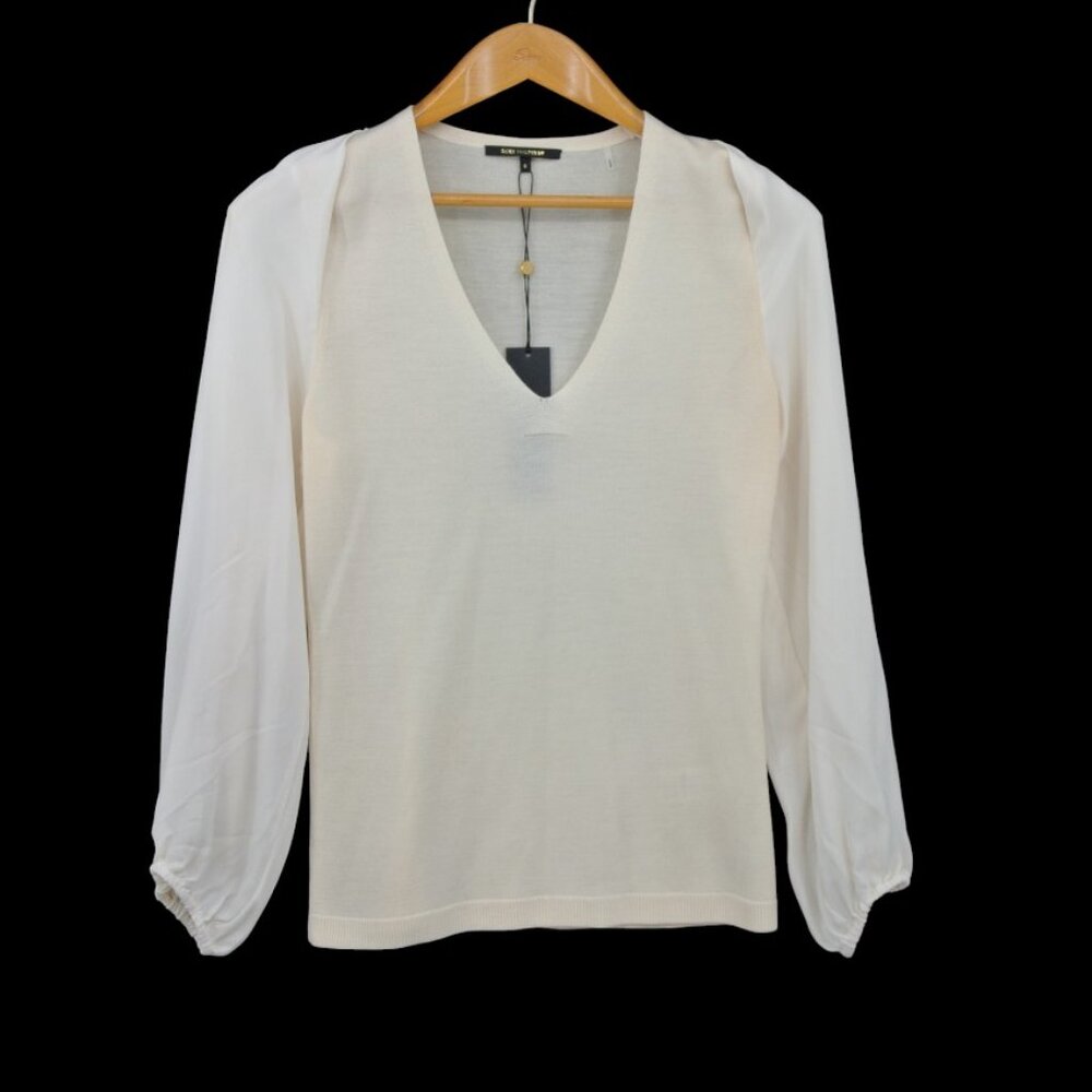 Kobi Halperin Wool Silk Trim V-Neck Puff Sleeve Sweater White Small NWT